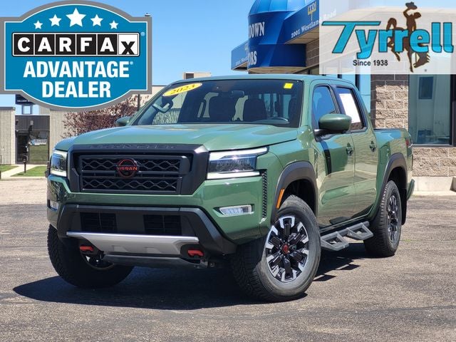 2023 Nissan Frontier PRO-4X in Tactical Green Metallic — front three-quarter view